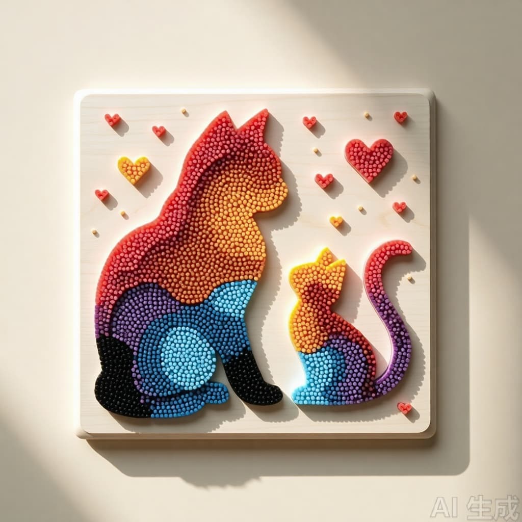 AI-generated example of finished fuse bead cat and heart sprites on a cream pegboard
