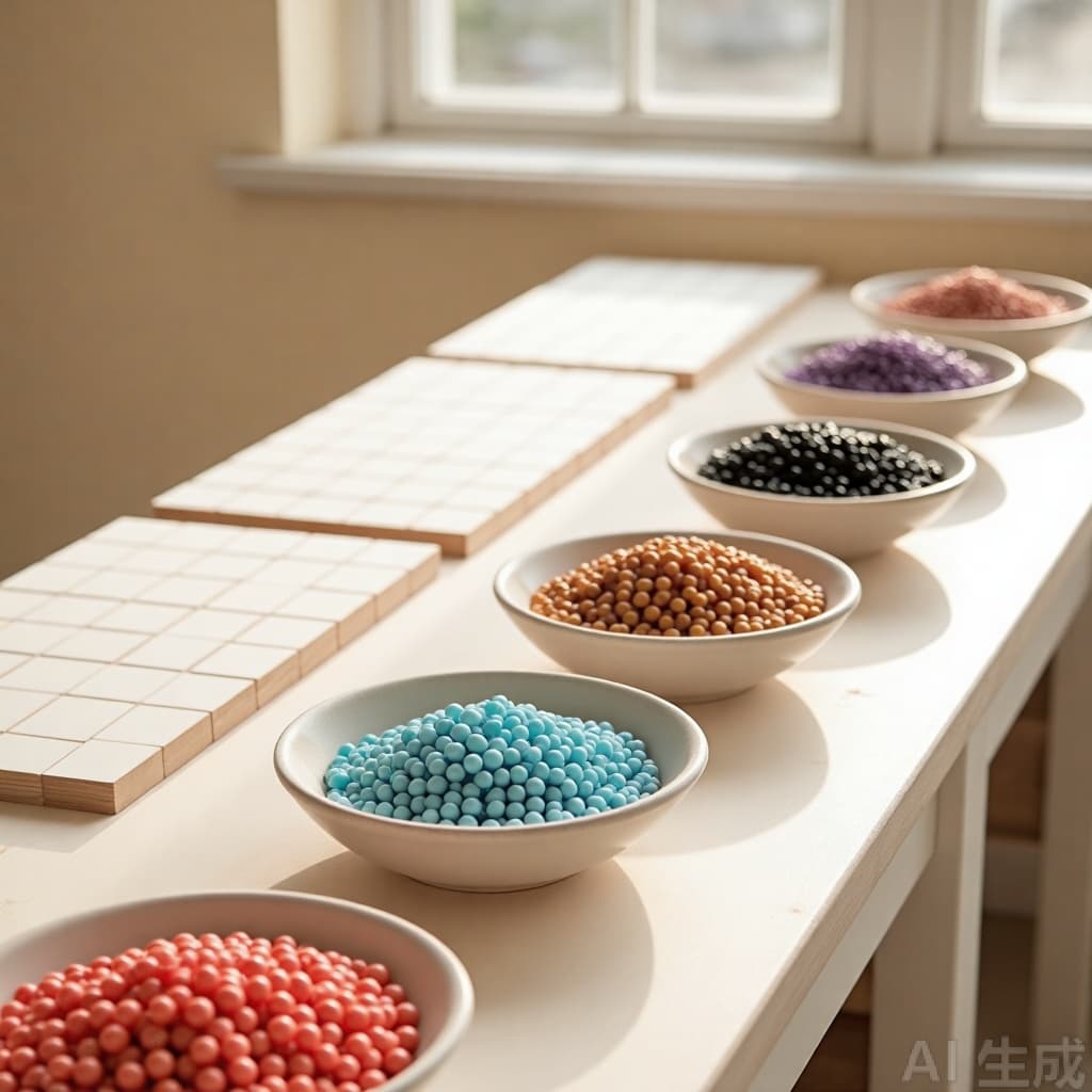 Desk with white pegboards, half-finished bead sprites and bowls of sorted beads